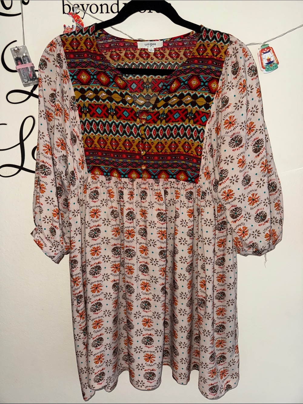 Umgee Boho Embroidered Yoke Peasant Dress in Cream, Orange, Red, Green